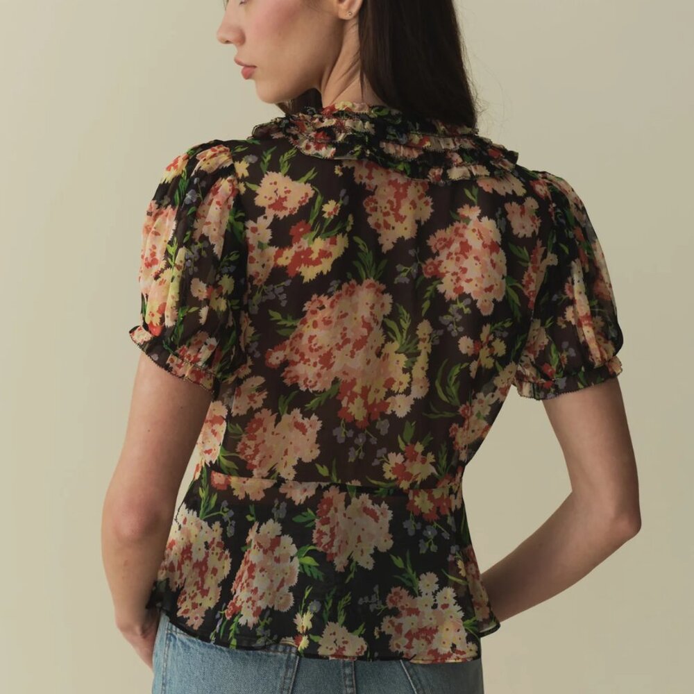 Doen Alona Black Floral Sheer Button-Front Blouse - Picture 9 of 10